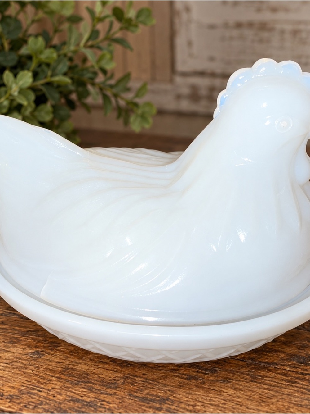 Vintage Milk Glass Hen on Nest Covered Dish White Chicken Basket Weave